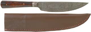 Roach Belly Knife, Damascus with Bone Scales, 
5-1/4" blade, 
with leather sheath Roach Belly Knife, Damascus with Bone Scales, 
5-1/4" blade, 
with leather sheath